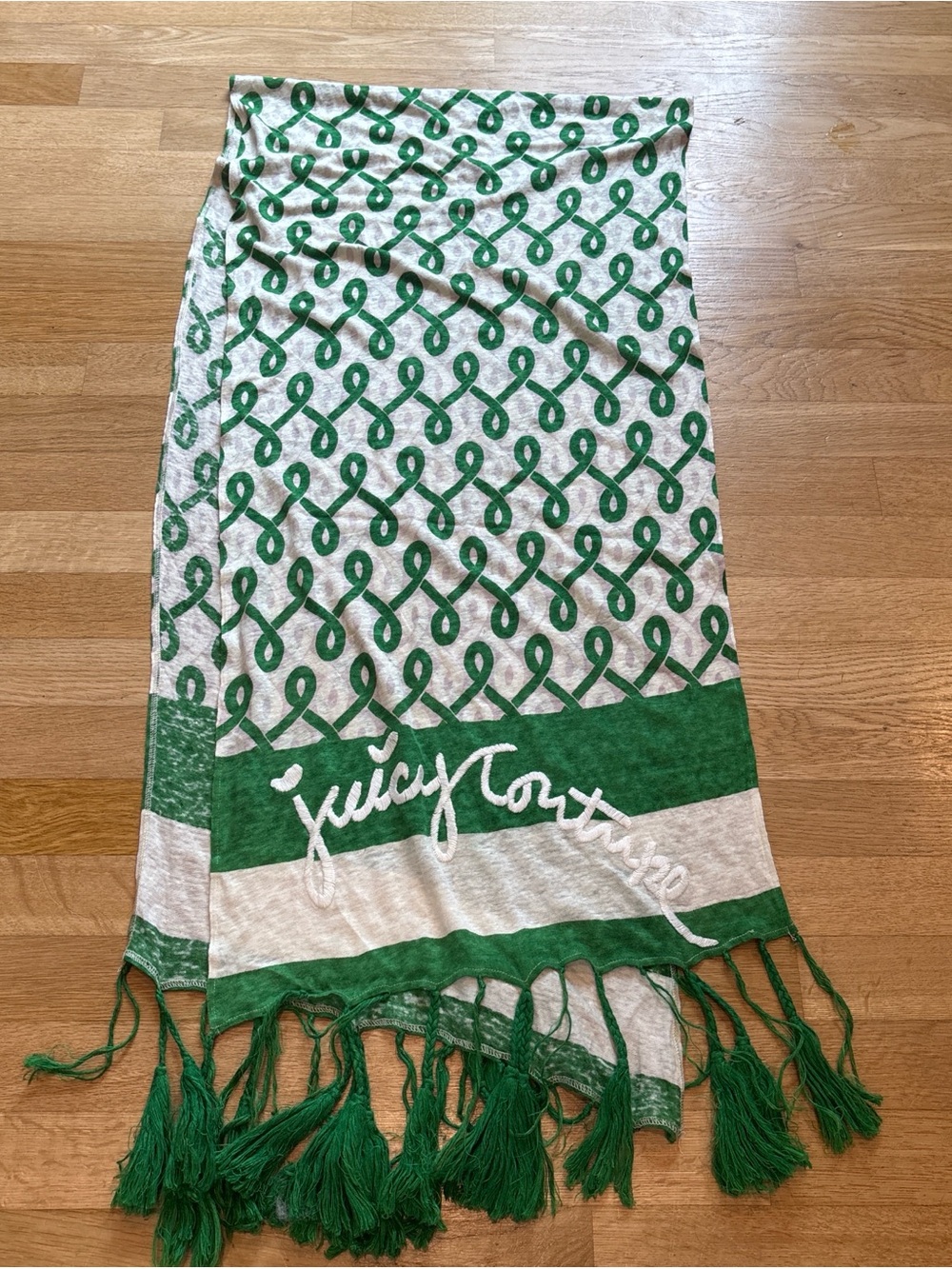 Juicy Couture Green & Cream Logo Fringe Scarf